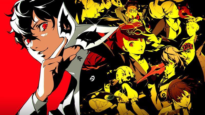 Persona 6 keyart featuring a male character holding a mask in his hand next to a collage of anime characters from the game