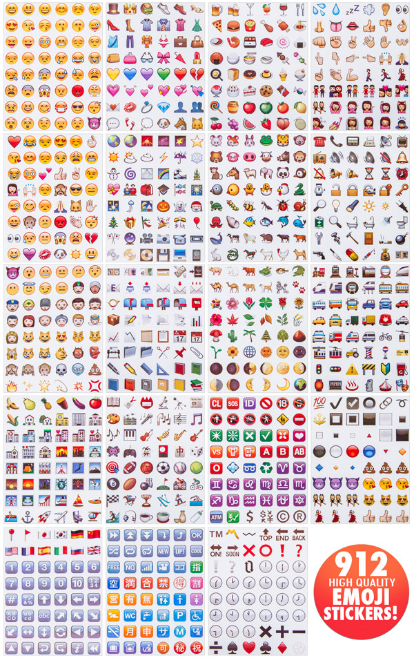 Emoji Stickers come in 19 sheets with 912 individual stickers.