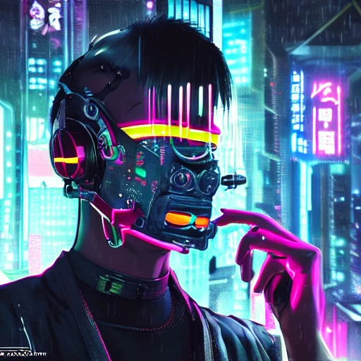 portrait futuristic kawaii cyberpunk masked male, in heavy rainning futuristic tokyo rooftop cyberpunk night, cyberpunk 2077 edgerunners, sci-fi, fantasy, intricate, neon light, highly detailed, digital painting, artstation, concept art, soft light, hdri, smooth, sharp focus, illustration, art by tian zi and craig mullins and WLOP and alphonse mucha, Trippy