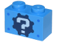 Part No: 3004pb042  Name: Brick 1 x 2 with White Question Mark on Dark Blue Gear and Blue Dots Pattern