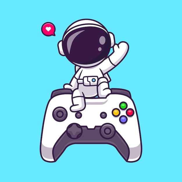 Free Vector cute astronaut sitting on joystick and waving hand cartoon vector icon illustration. science techno