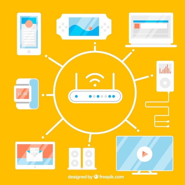 Free Vector background with router surrounded by electronic devices