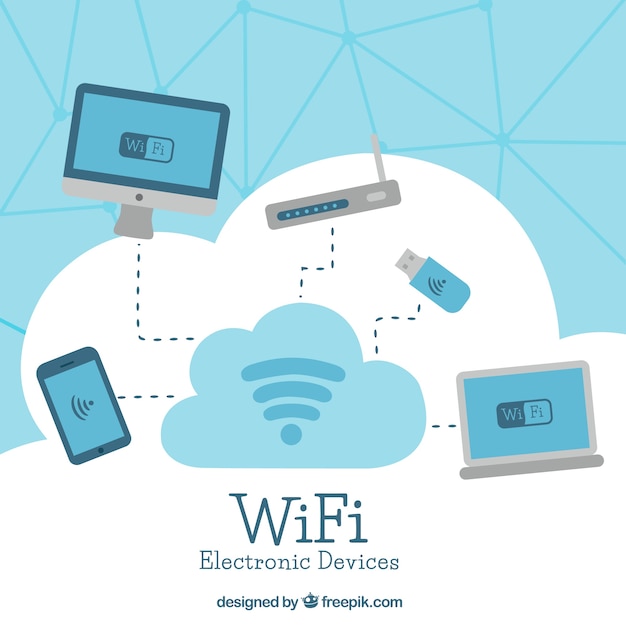 Free Vector blue and white background with wifi signal and electronic devices