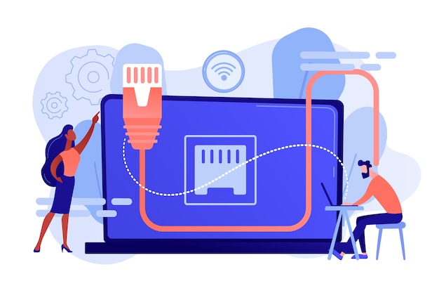 Free Vector businessman at table using laptop with ethernet connection. ethernet connection, lan connection technology, ethernet network system concept