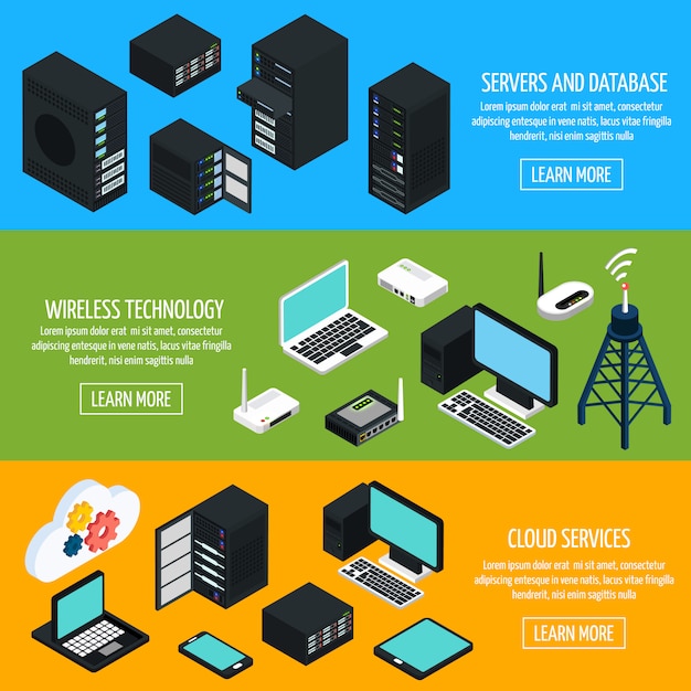 Free Vector data center isometric horizontal banners