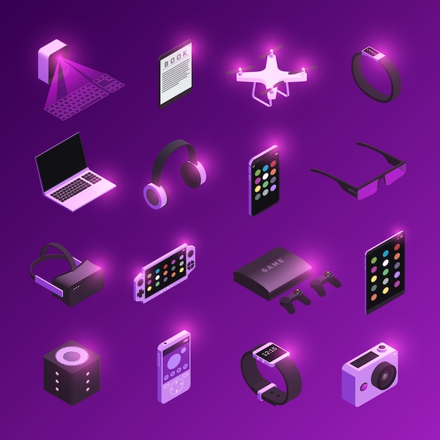 Free Vector innovative electronic technology gadgets  isometric icons set with virtual reality headset smart watch purple