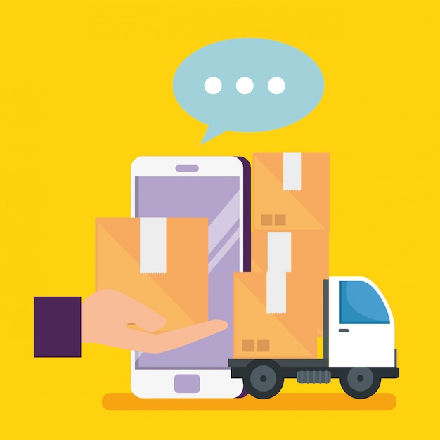 Online shopping with smartphone and packages with delivery