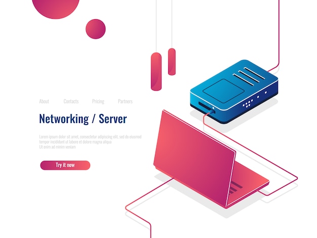 Free Vector laptop connected to the internet via router isometric icon, networking concept, server room data