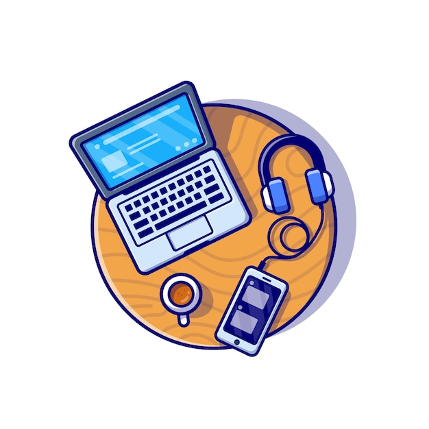 Free Vector laptop, smartphone and headphone cartoon icon illustration. business technology icon concept isolated . flat cartoon style