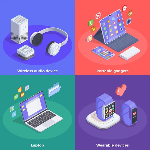 Free Vector modern devices isometric design concept with text and colourful images of smart watches and portable computers  illustration