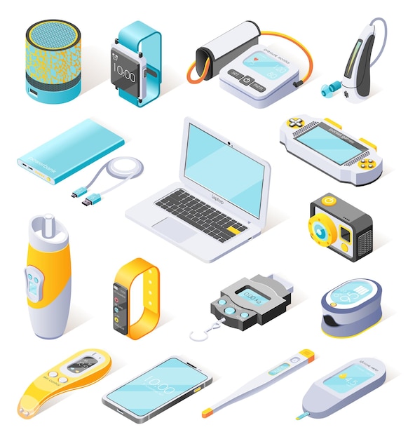 Free Vector portable electronics isometric icons  illustrated digital gadgets used in daily life in field of sports medicine work and leisure isolated vector illustration