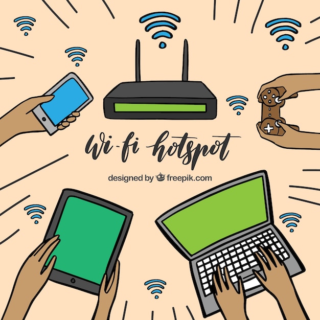 Free Vector wifi background with variety of hand-drawn electronic devices