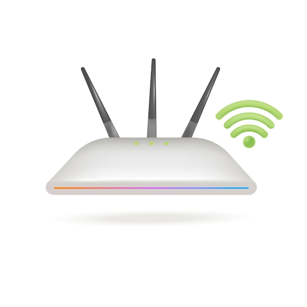 Free Vector wireless router and green wi-fi symbol 3d illustration. cartoon drawing of equipment for internet access in 3d style on white background. internet or network, communication, connection concept