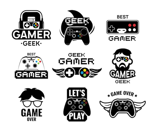 Free Vector video game logo set. emblems with gamer, vintage and modern joystick console controller, headset. isolated vector illustration for online game label template