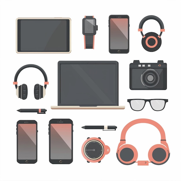 Vector a collection of electronic devices including a camera headphones and a camera