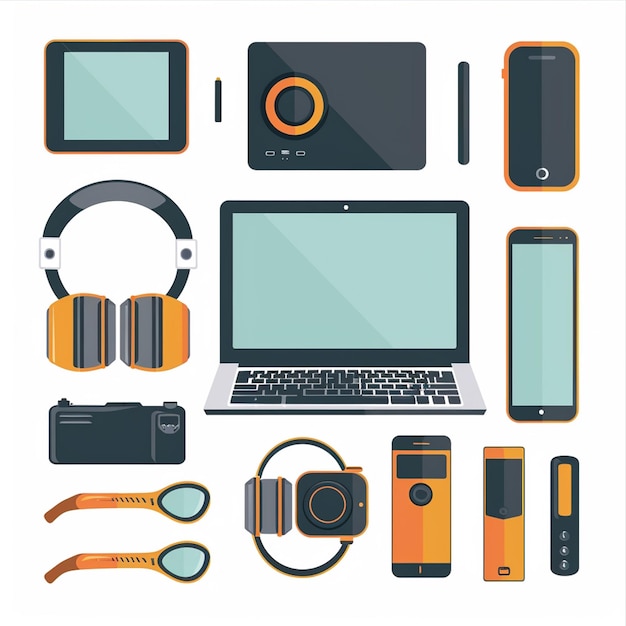 a collection of electronic devices including headphones headphones and a laptop