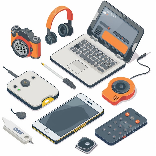 Vector a collection of electronic devices including a laptop headphones and a camera