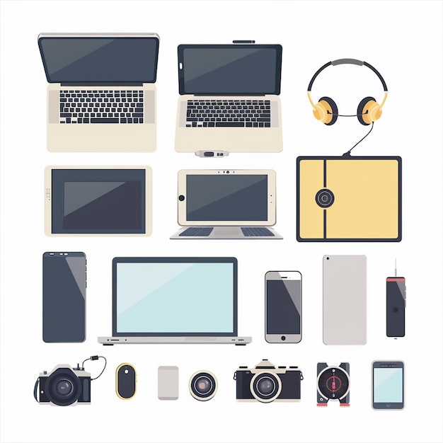 a collection of laptops headphones and a camera set