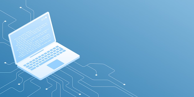 Vector computer technology illustration, white laptop on circuit isometric design on blue background.