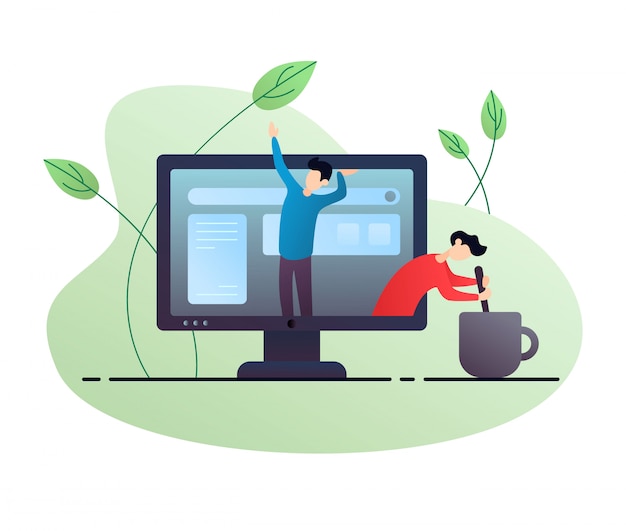 Characters inside a computer. Flat illustration with plants and coffee