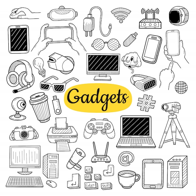 Vector big collection of gadgets elements. hand drawn sketch