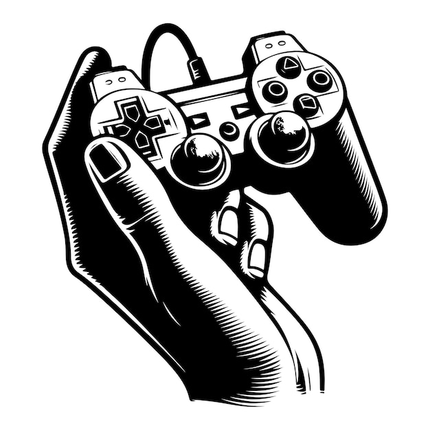 Vector a black and white drawing of a person holding a controller with buttons on it