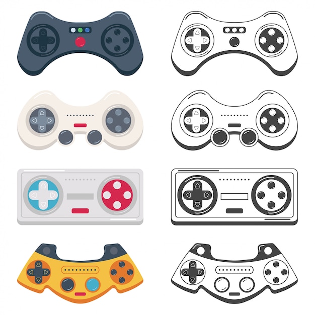 Vector game controller and joystick cartoon set isolated