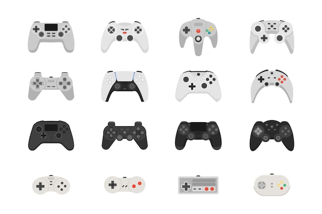 Vector gamepads for playing video games. a set of controllers of different generations. collection.