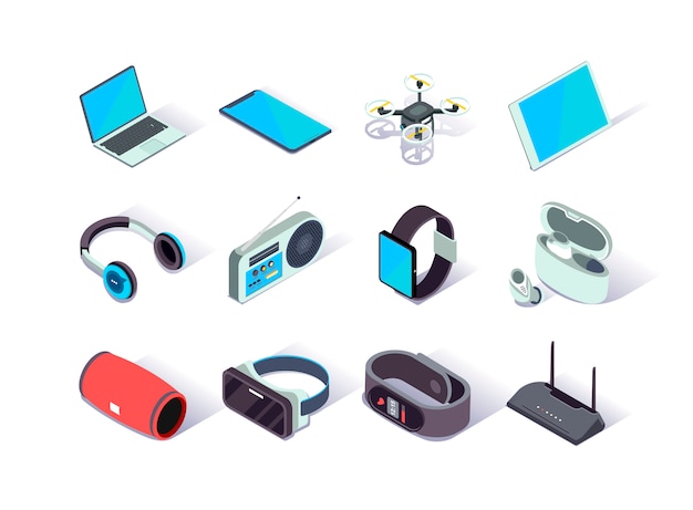 Vector devices and gadgets isometric icons set.