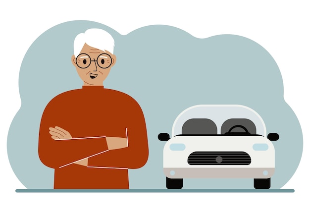 Happy old man next to a beautiful white car Vector flat illustration