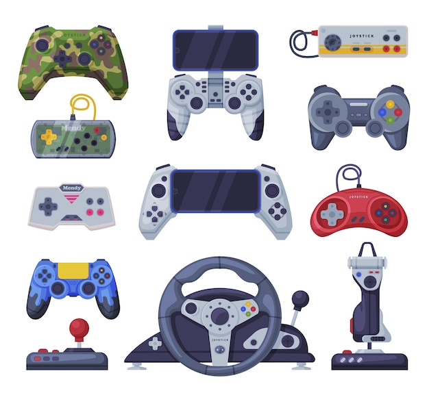 Vector set of game console controllers video game players accessory device vector illustration