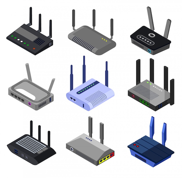 Vector wifi router isometric set