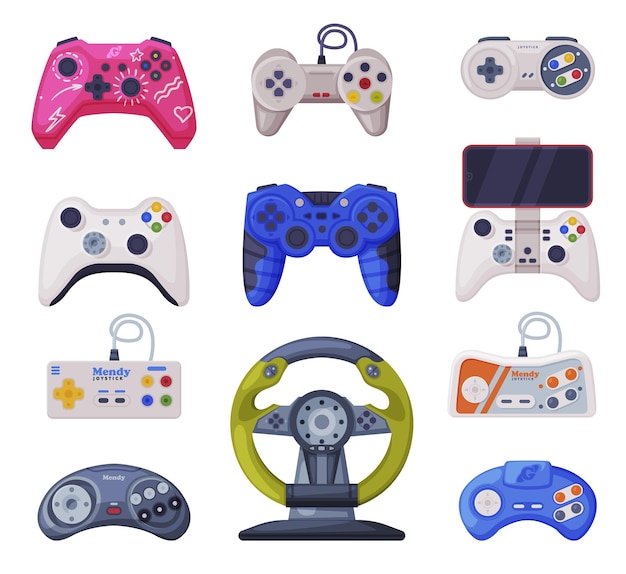 Vector video game controllers set game console modern devices cartoon vector illustration