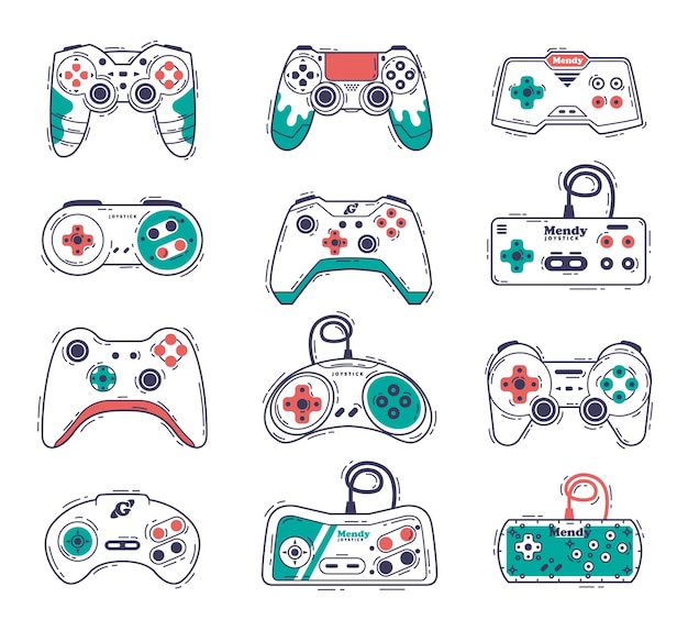 Vector video game controllers set gamepad consoles video gamer gadgets hand drawn vector illustration