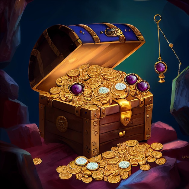 There is a chest full of gold coins and a clock generative ai