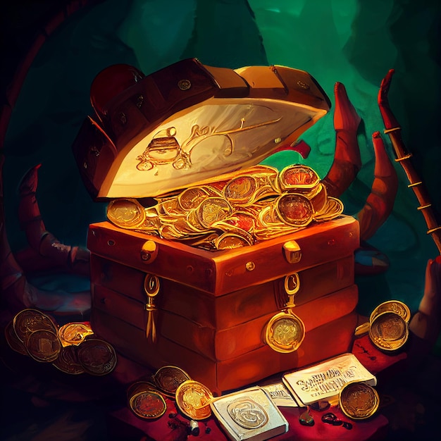 There is a chest full of gold coins and a book generative ai