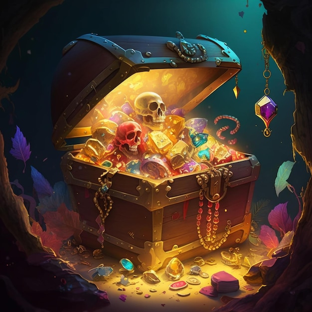 There is a chest full of gold and jewels with a skull generative ai