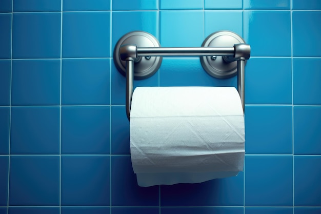 A white roll of soft toilet paper neatly hanging on a modern chrome holder