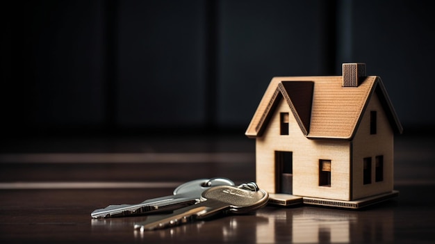 A wooden house with keys on a table