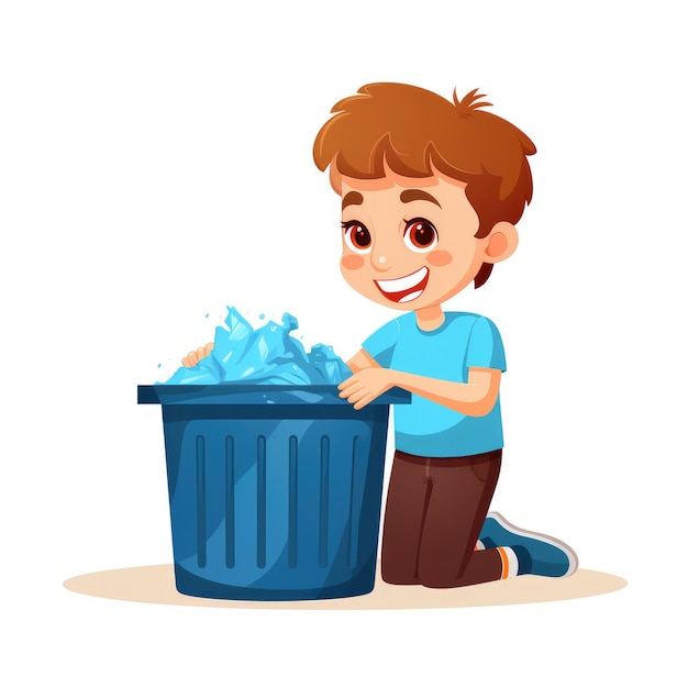 The boy cleaning the trash cartoon illustration AI generated Image