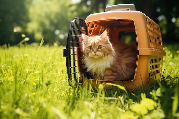 Cat sitting in carrier on grass