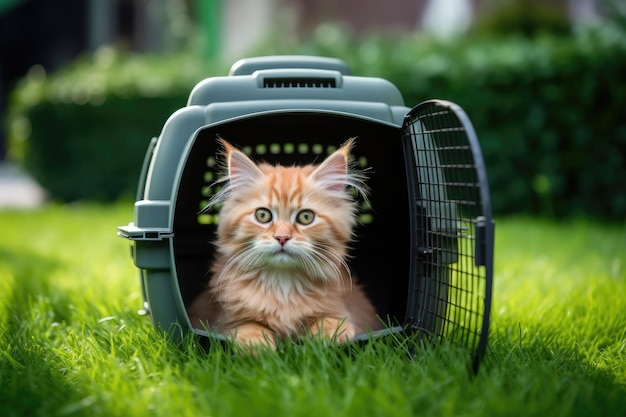 Cat sitting in carrier on grass