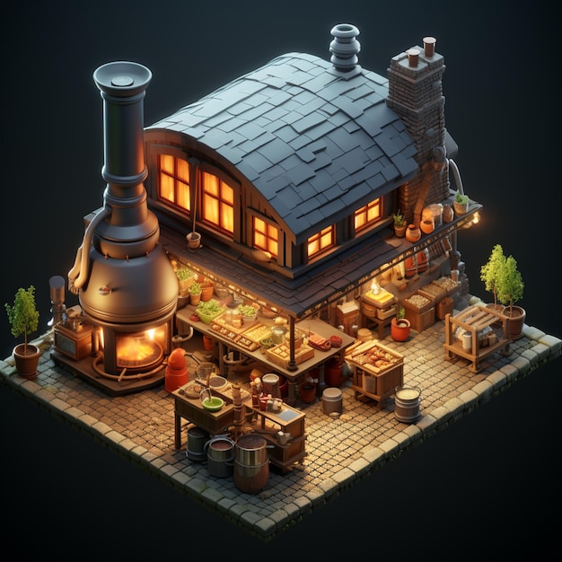 A close up of a small house with a stove and a table generative ai