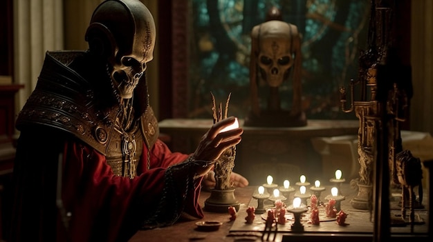 A game of thrones is shown in a dark room with a man playing a chess board.