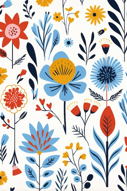 A hand drawn folk art pattern with flowers and leaf AI generated Image