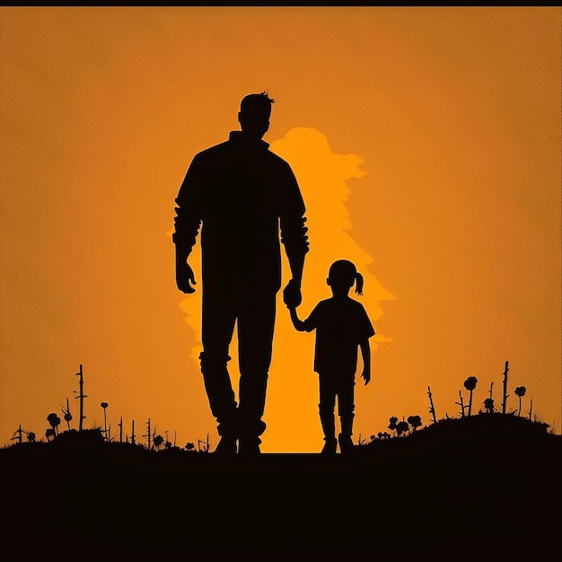 illustration family walking trees shadow and sunset father and children