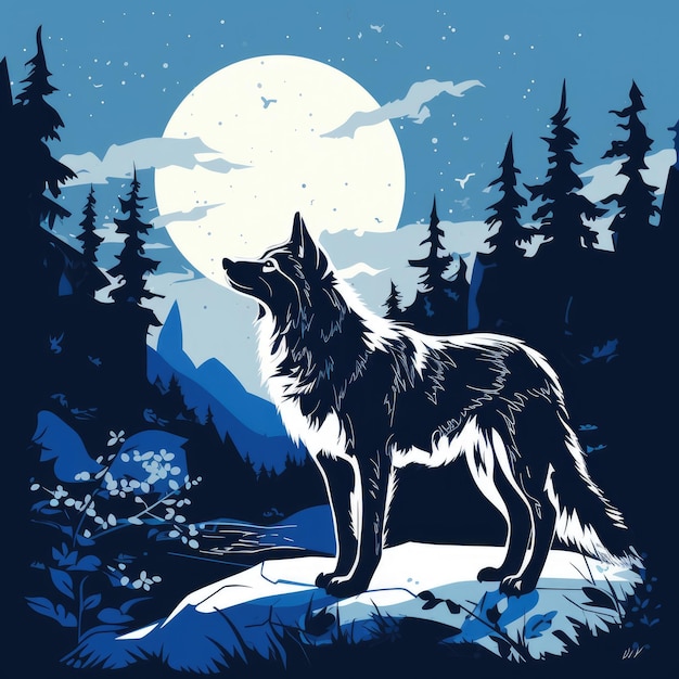 Illustration of a wolf at midnight flat color blue and orange AI generated Image