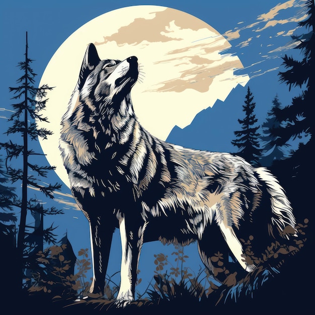 Illustration of a wolf at midnight flat color blue and orange AI generated Image