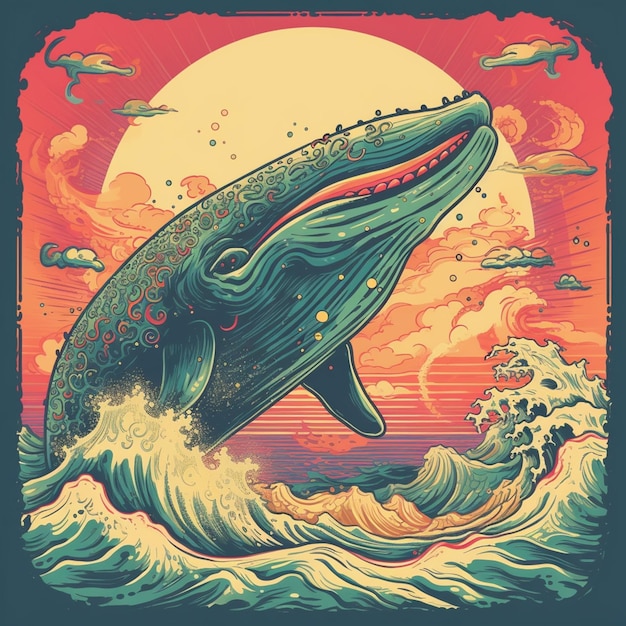 Illustration of a whale jumping out of the ocean with a sunset in the background generative ai