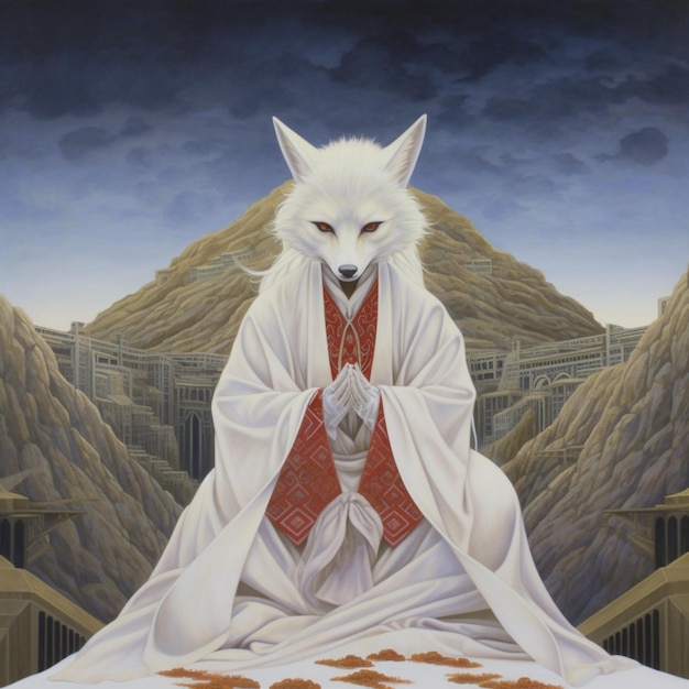 Painting of a white wolf in a white robe sitting on a bed generative ai